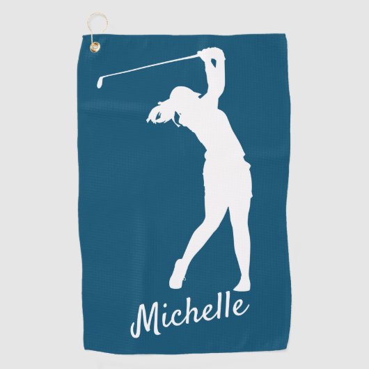 Righthanded "golfer Michelle" blue Golf Golf Towel Golfhanddoek (Voorkant)
