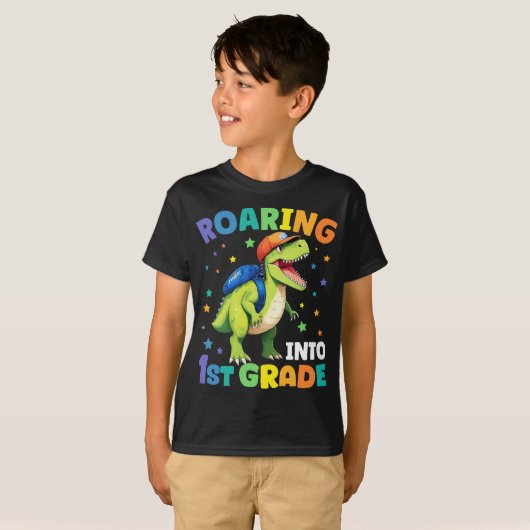 Rij 1e klas Dinosaur T Rex terug naar school T-shirt (Voorkant volledig)