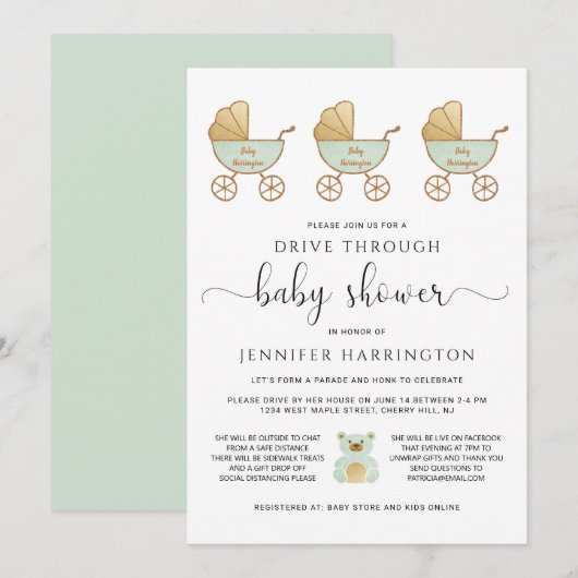 Rij door Baby shower Retro Carriage Green Kaart (Voorkant / Achterkant)