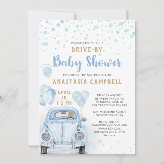 Rij door Boy Baby shower Blue Car Gold Kaart (Voorkant)