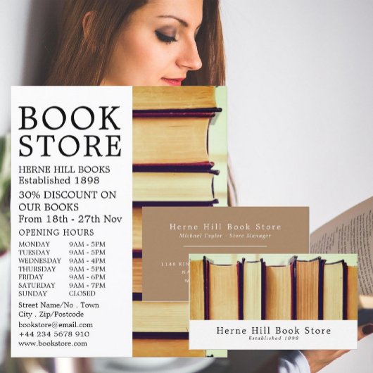 Rij oude boeken, Adverteren boekwinkel Flyer