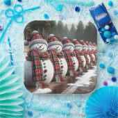Rij Sneeuwmannen Dragen Tartan Plakken Sjaals Papieren Bordje (Feest)