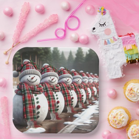 Rij Sneeuwmannen Dragen Tartan Plakken Sjaals Papieren Bordje (Feest)