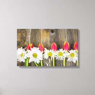 rij tulpen en lijmen op hout canvas afdruk