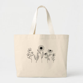 Rij van Bloemen Stems Boho Line Art Grote Tote Bag