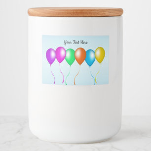 Rij van heldere, feestelijke ballonnen Vele kleure Voedselcontainer Etiket