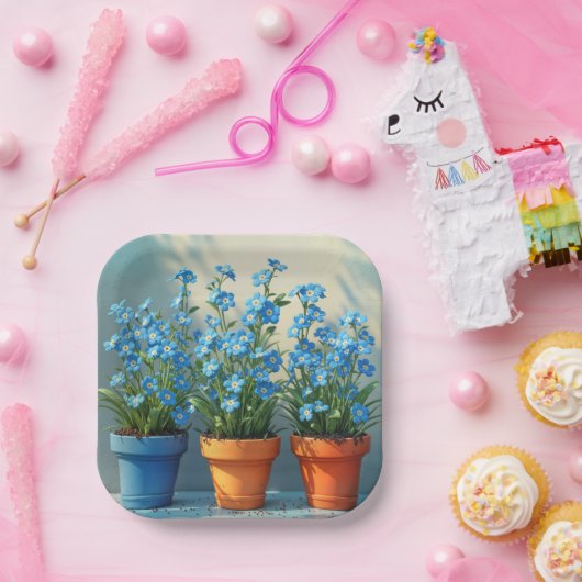 Rij van vergeet-me-niet bloempotten papieren bordje (Feest)