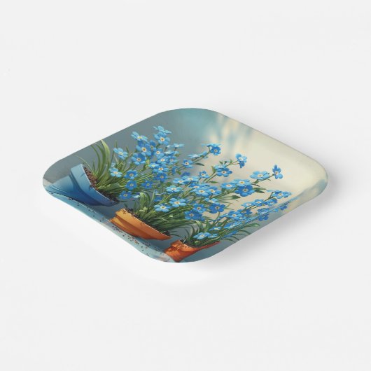 Rij van vergeet-me-niet bloempotten papieren bordje (Gebogen)