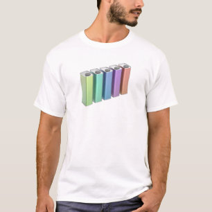 Rij van vijf kleurrijke vierkante blikjes voor mot t-shirt