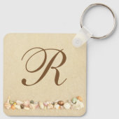 Rij zeeshells op strand zand met monogram sleutelhanger (Achterkant)