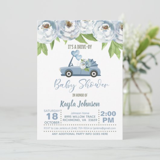 Rijd per Baby shower Uitnodiging - Jongen (Staand voorkant)