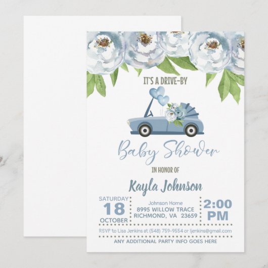 Rijd per Baby shower Uitnodiging - Jongen (Voorkant / Achterkant)