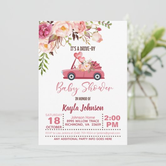 Rijd per Baby shower Uitnodiging - Meisje (Staand voorkant)