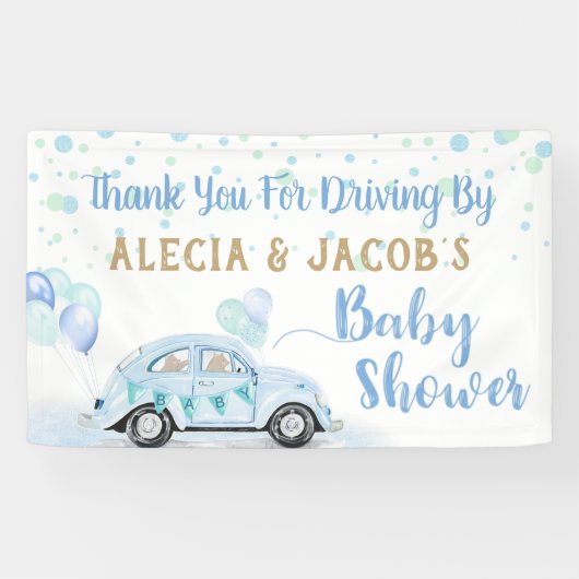 Rijden door auto jongen Baby shower dank u blauw g Spandoek (Horizontaal)