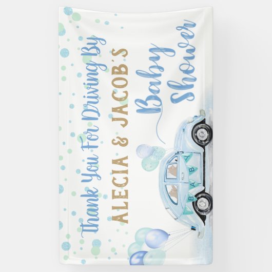 Rijden door auto jongen Baby shower dank u blauw g Spandoek (Verticaal)