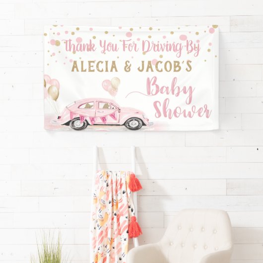 Rijden door auto meisje Baby shower dank u roze Spandoek (Insitu)