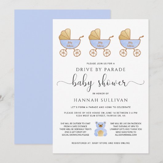 Rijden door Baby Boy Shower | Retro Carriage Blue Kaart (Voorkant / Achterkant)
