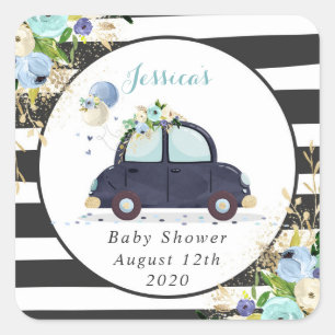 Rijden door Baby shower Blauw Bloemen Favor Tag St Vierkante Sticker