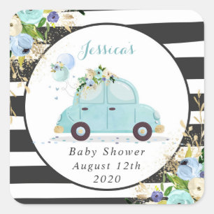 Rijden door Baby shower Blauw Bloemen Favor Tag St Vierkante Sticker