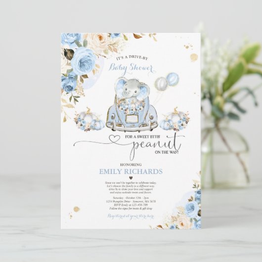 Rijden door Baby shower Blue Rozen olifantenpompoe Kaart (Staand voorkant)