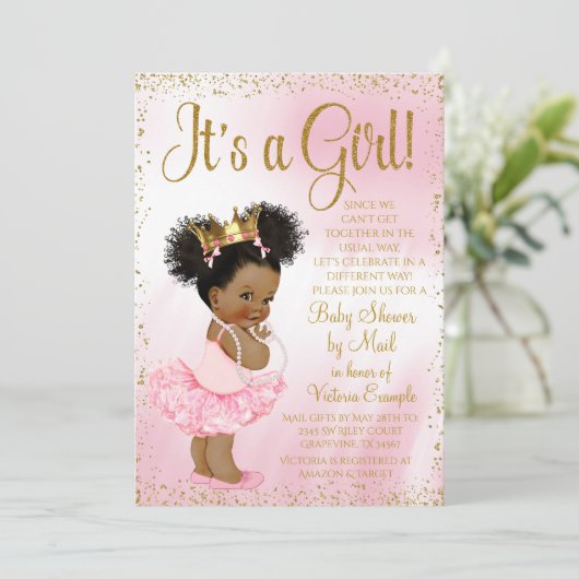 Rijden door Baby shower Roze Goud Afro Princess Tu Kaart (Staand voorkant)