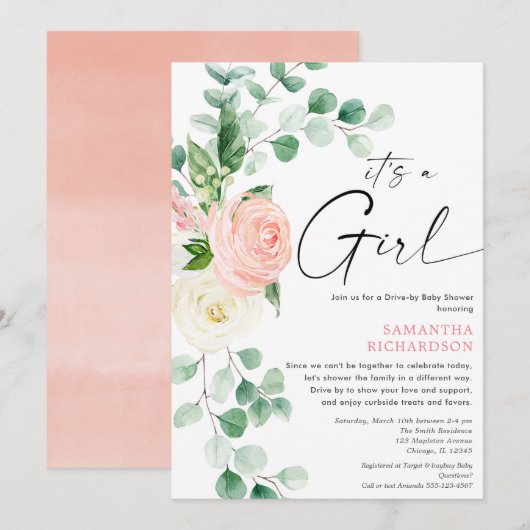 Rijden door baby shower voorjaar bloemenroze groen kaart (Voorkant / Achterkant)