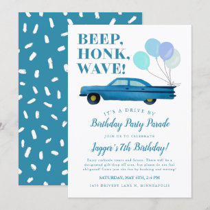 Rijden door Boy Birthday Party Blue Vintage Car Kaart