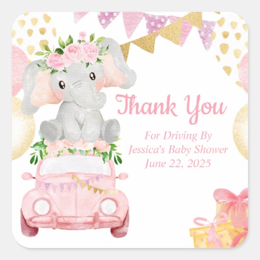Rijden door Elephant Baby shower Dank u Sticker (Voorkant)