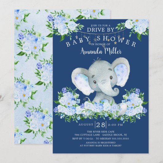 Rijden door Elephant Boys Baby shower Invitation Kaart (Voorkant / Achterkant)