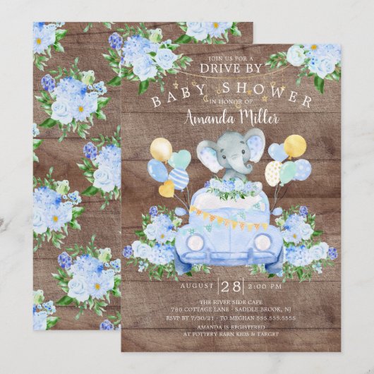 Rijden door Elephant Boys Baby shower Invitation Kaart (Voorkant / Achterkant)