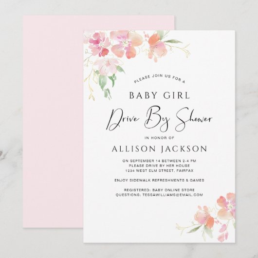 Rijden door Floral Pink Waterverf Baby Girl Shower Kaart (Voorkant / Achterkant)