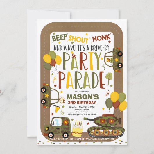 Rijden door verjaardagsparade uitnodiging leger ta (Voorkant)