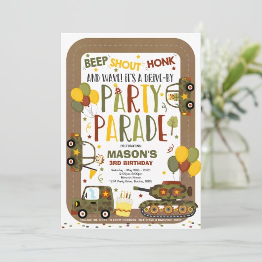 Rijden door verjaardagsparade uitnodiging leger ta (Staand voorkant)