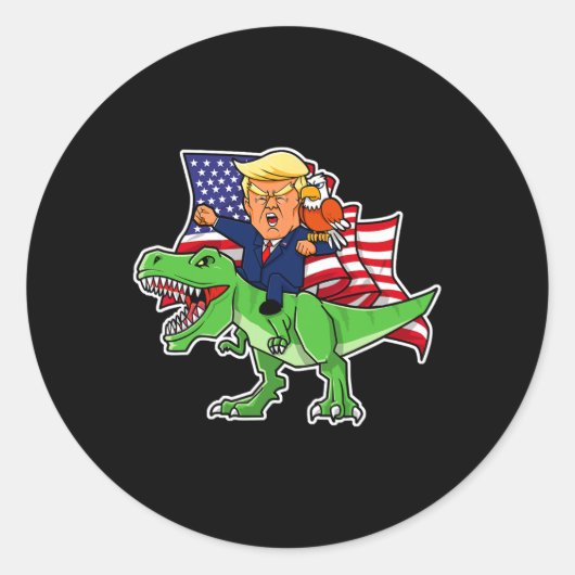 Rijden Een Dinosaurus Trex Grappig Amerika Patriot Ronde Sticker (Voorkant)