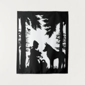 Rijden Hood Wolf in zwart-wit in Forest Tree Wandkleed (Voorkant)