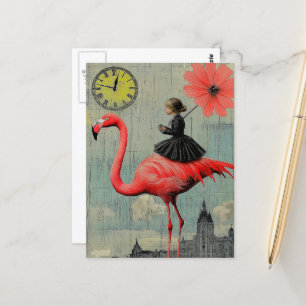 Rijden in een roze flamingo briefkaart