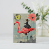 Rijden in een roze flamingo briefkaart (Staand voorkant)