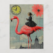 Rijden in een roze flamingo briefkaart (Voorkant)