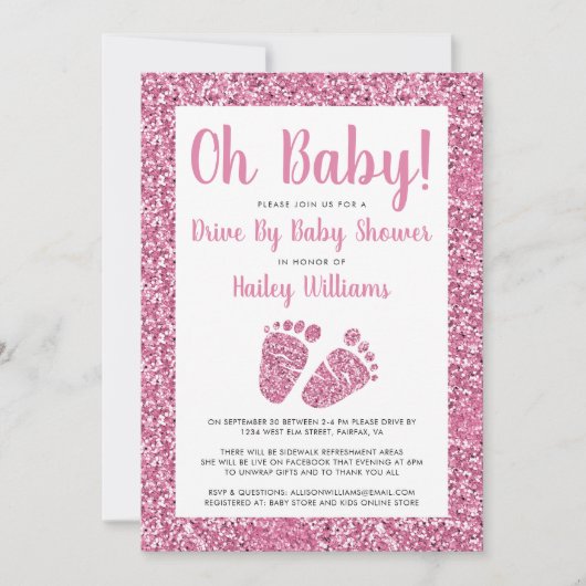 Rijden met Baby roze Baby shower met glitter Feet Kaart (Voorkant)