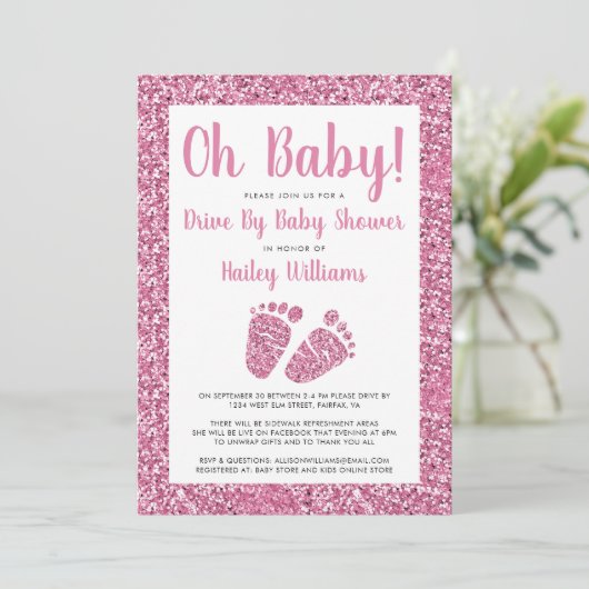 Rijden met Baby roze Baby shower met glitter Feet Kaart (Staand voorkant)