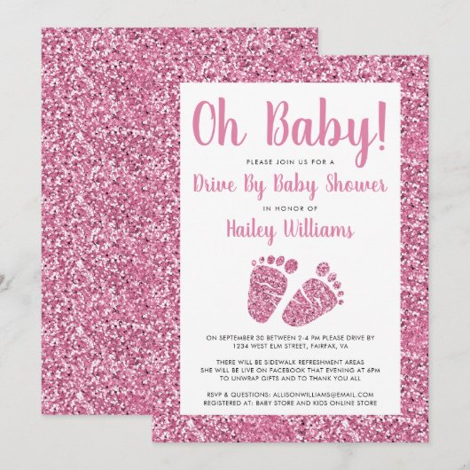 Rijden met Baby roze Baby shower met glitter Feet Kaart (Voorkant / Achterkant)