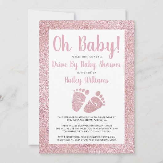 Rijden met Baby roze Baby shower met glitter Feet Kaart (Voorkant)