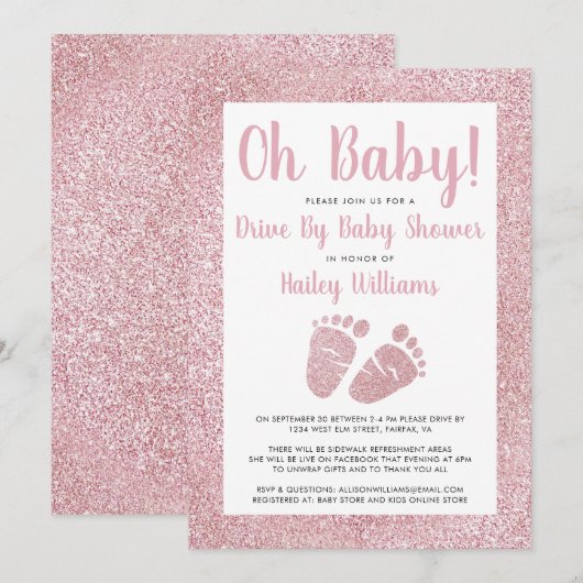 Rijden met Baby roze Baby shower met glitter Feet Kaart (Voorkant / Achterkant)