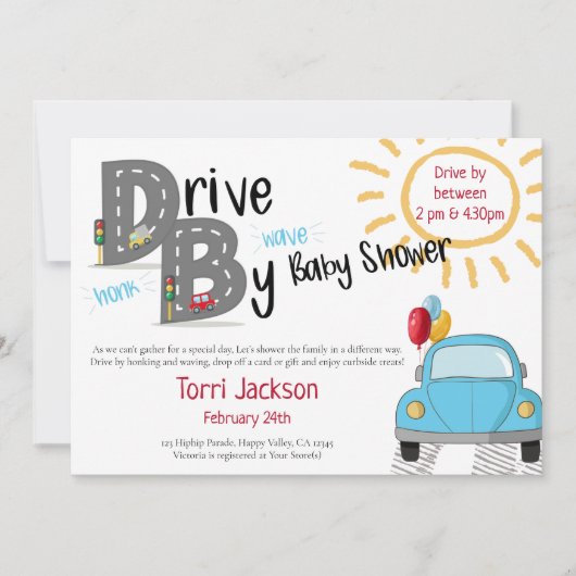 Rijden met Baby shower Blue Car and Balloons Kaart (Voorkant)