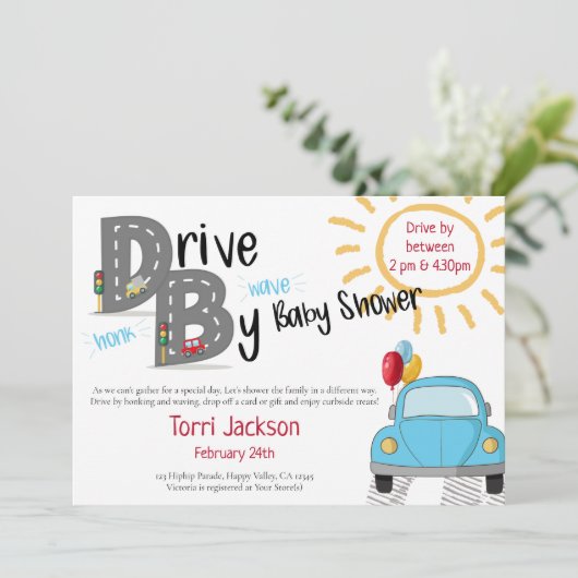 Rijden met Baby shower Blue Car and Balloons Kaart (Staand voorkant)