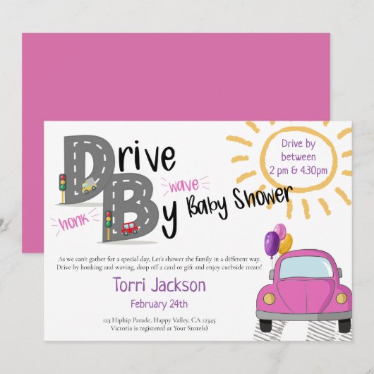 Rijden met Baby shower roze auto en ballonnen Kaart (Voorkant / Achterkant)