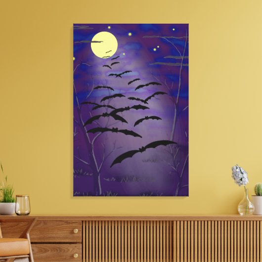 Rijden met volgele maan en vleermuizen canvas afdruk (Insitu (Woonkamer))