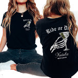 Rijden of sterven tot de dood doen we feest Bachel T-shirt<br><div class="desc">Voeg een vleugje gotische flair toe aan je vrijgezellenfeest met ons gepersonaliseerde "Ride Or Die"-Shirt, ideaal voor een "Til Death Do We Party" -thema. Deze shirten zijn ontworpen om duistere elegantie te combineren met speels plezier, met een opvallende skeletbruidsgrafiek en de brutale slogan "til death do us party". Ideaal voor...</div>