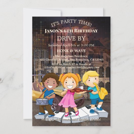 Rijden op afstand Muziek Kids Verjaardagsfeest Kaart (Voorkant)