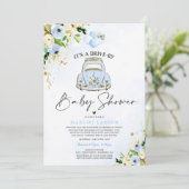 Rijden op Baby shower Invitation Blue Floral Kaart (Staand voorkant)